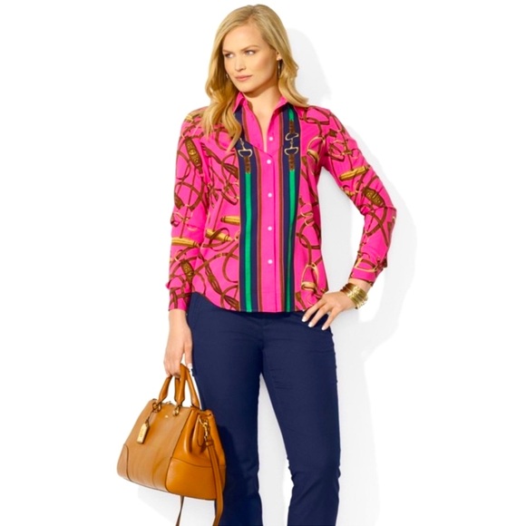 RALPH LAUREN Rare Pink Equestrian Horse Bit Stirrup Beautiful Luxury Blouse Sm - Picture 5 of 15